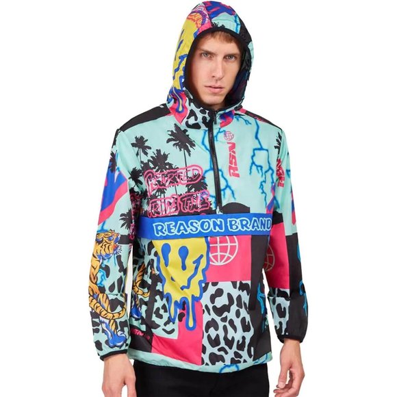 Reason Brand AOP Allover Print Half-Zip Anorak Pullover Jacket Smiley Tiger RSN - Picture 2 of 7
